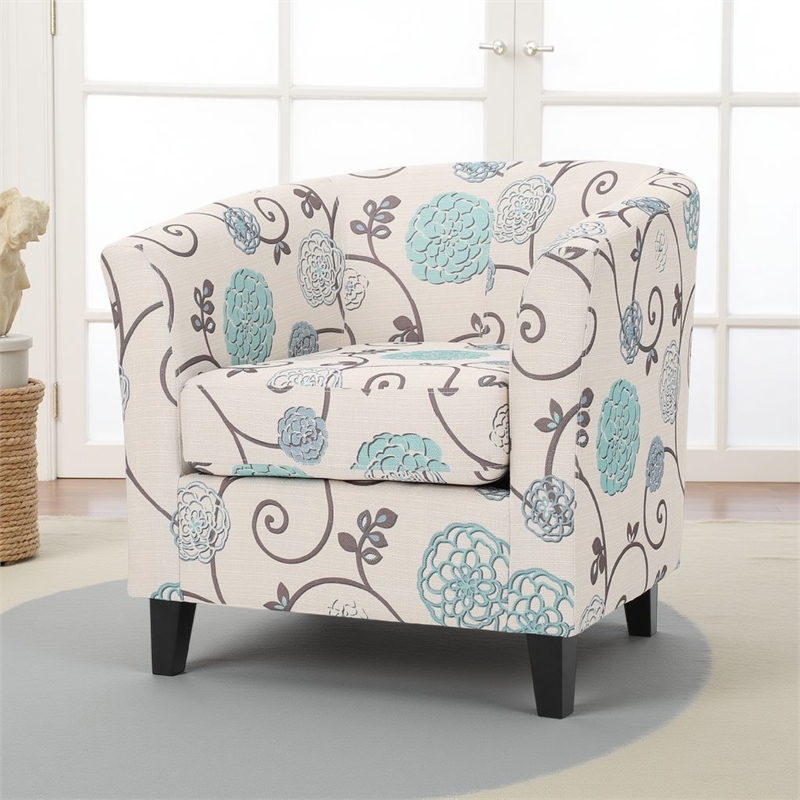Accent Club Chair- Round Arms- Cream Blue Fabric Floral Details- Birch Wood