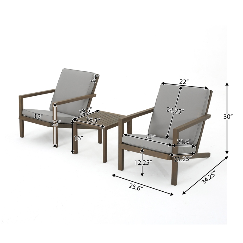 Liah Outdoor Patio Table Set- 2 Chair- Brown Acacia Wood- Gray Polyester