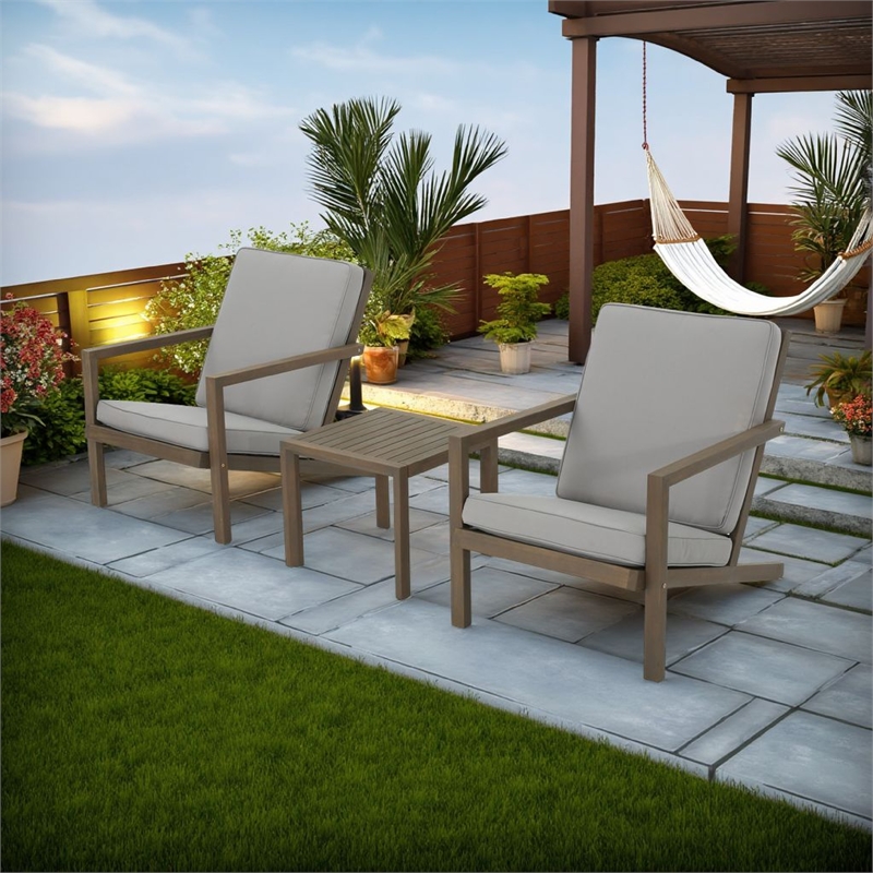 Liah Outdoor Patio Table Set- 2 Chair- Brown Acacia Wood- Gray Polyester