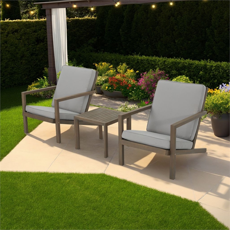Liah Outdoor Patio Table Set- 2 Chair- Brown Acacia Wood- Gray Polyester