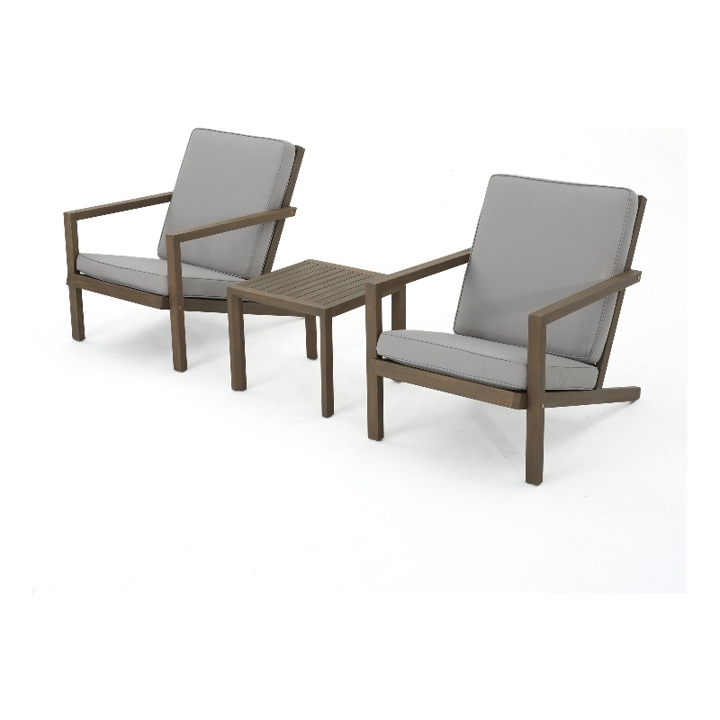 Liah Outdoor Patio Table Set- 2 Chair- Brown Acacia Wood- Gray Polyester