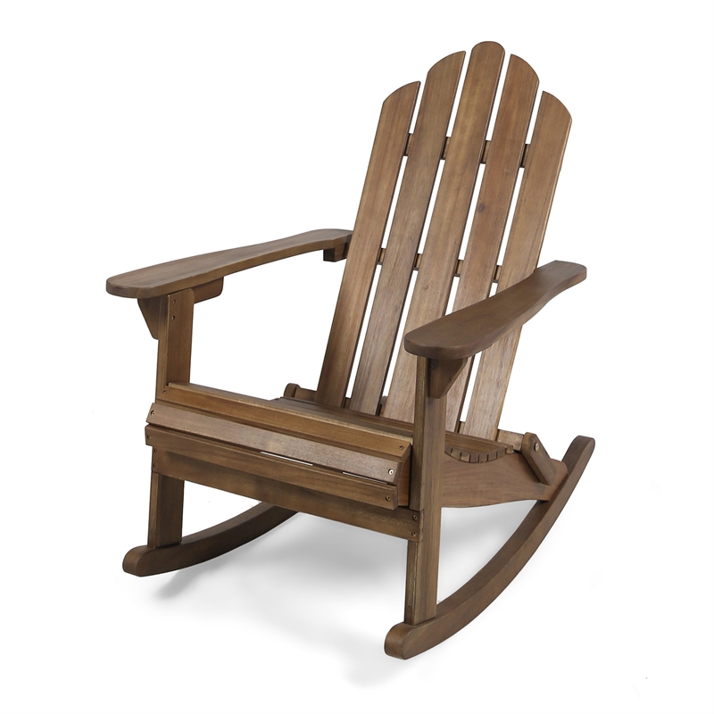 Outdoor Adirondack Rocking Chair- Slatted Back- Slope Arms- Dark Brown Wood