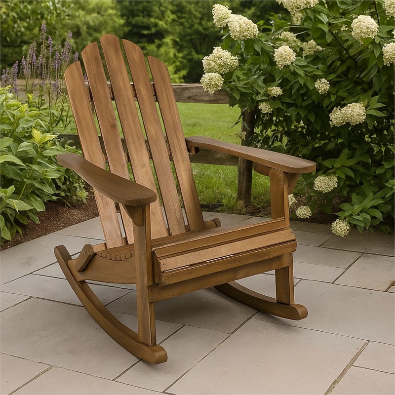 Outdoor Adirondack Rocking Chair- Slatted Back- Slope Arms- Dark Brown Wood