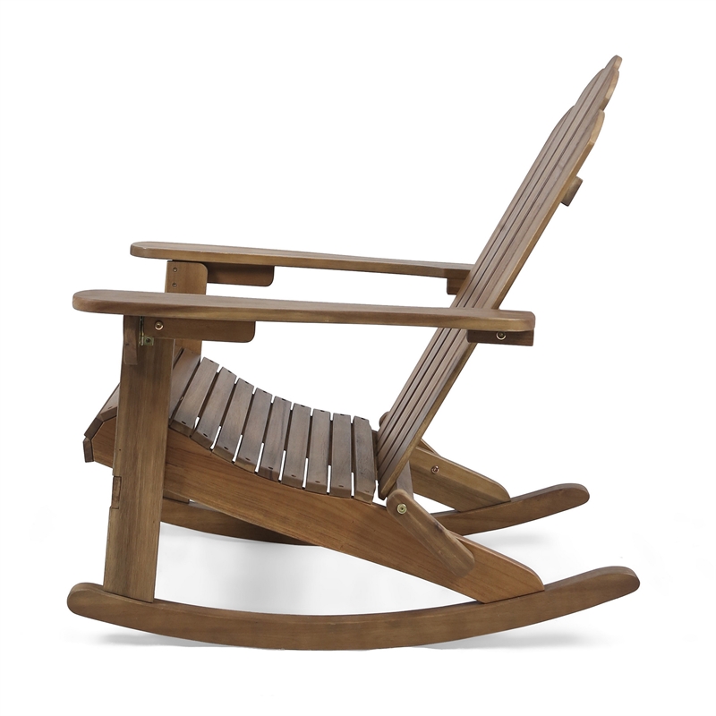 Outdoor Adirondack Rocking Chair- Slatted Back- Slope Arms- Dark Brown Wood