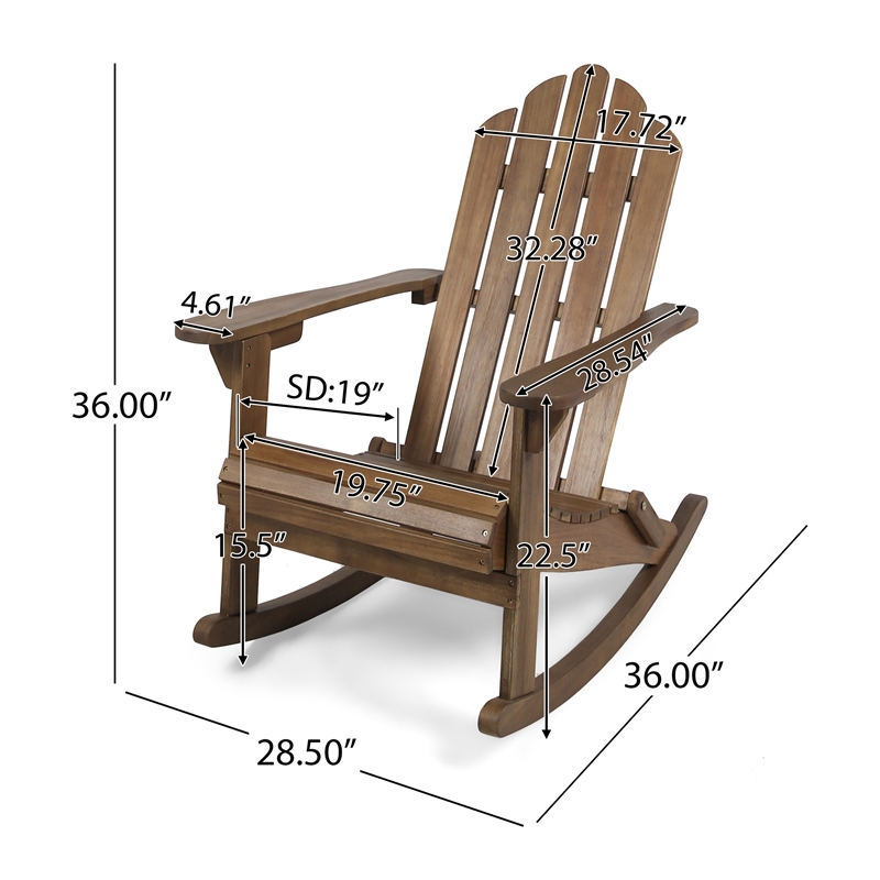 Outdoor Adirondack Rocking Chair- Slatted Back- Slope Arms- Dark Brown Wood