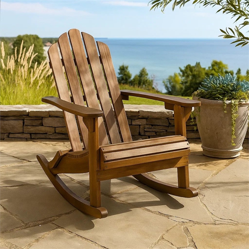 Outdoor Adirondack Rocking Chair- Slatted Back- Slope Arms- Dark Brown Wood