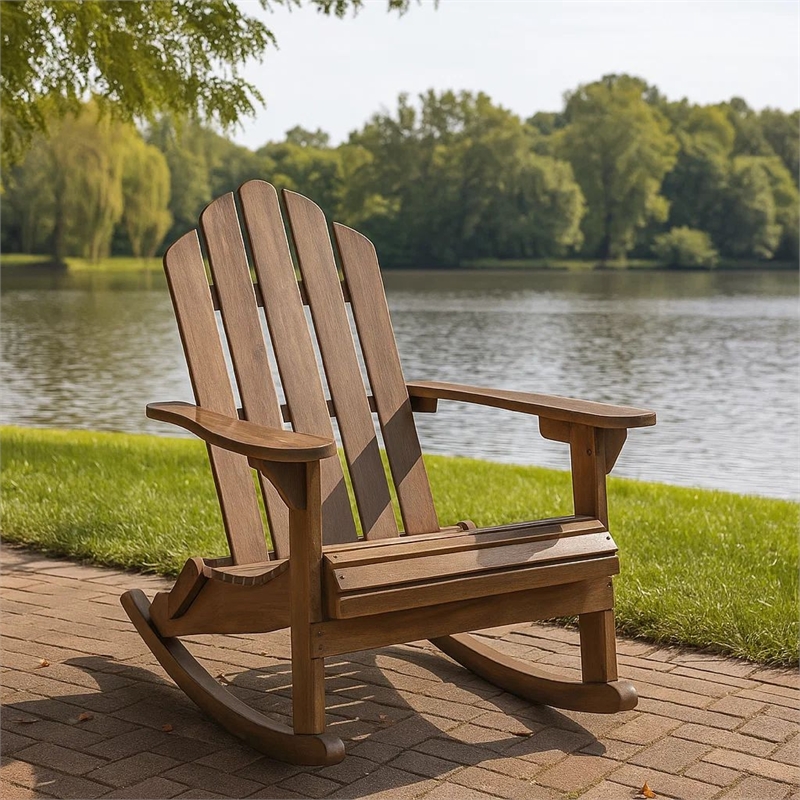 Outdoor Adirondack Rocking Chair- Slatted Back- Slope Arms- Dark Brown Wood
