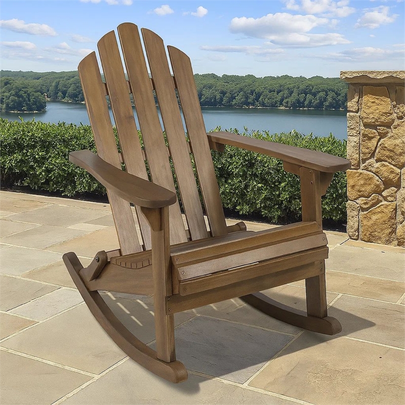 Outdoor Adirondack Rocking Chair- Slatted Back- Slope Arms- Dark Brown Wood