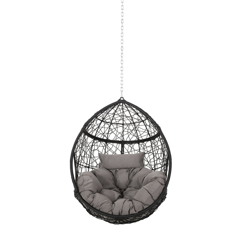 Castic Outdoor Hanging Chair- 46 Inch Rattan Frame- Black Iron- Gray