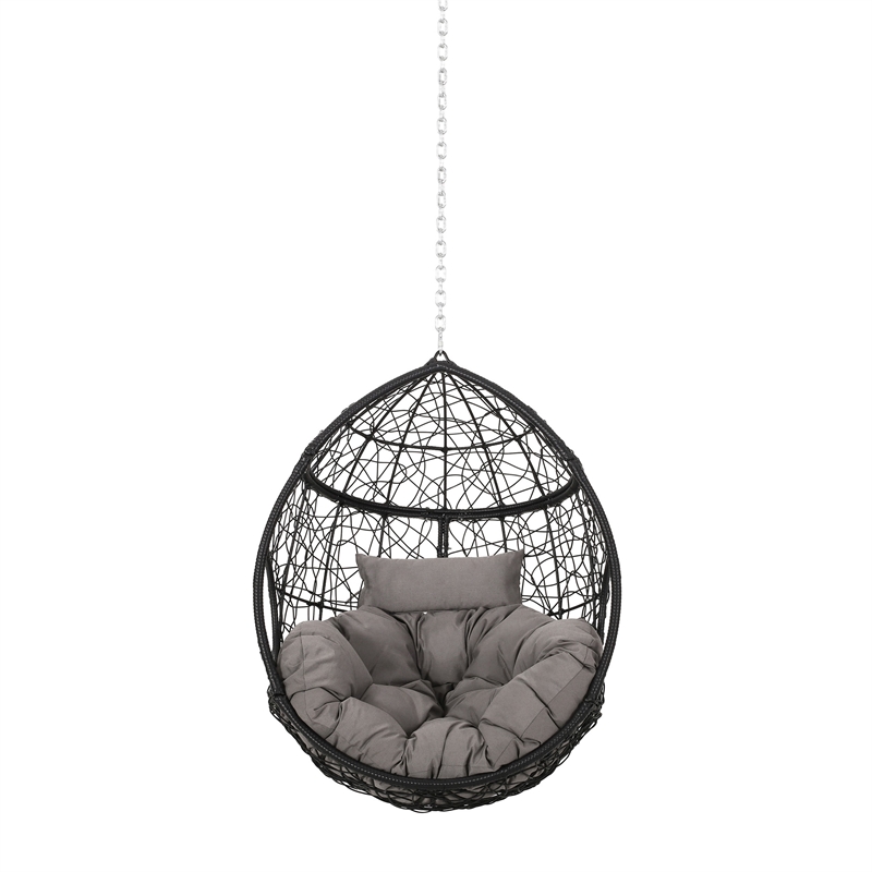 Castic Outdoor Hanging Chair- 46 Inch Rattan Frame- Black Iron- Gray