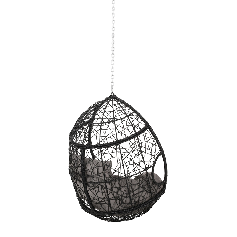 Castic Outdoor Hanging Chair- 46 Inch Rattan Frame- Black Iron- Gray