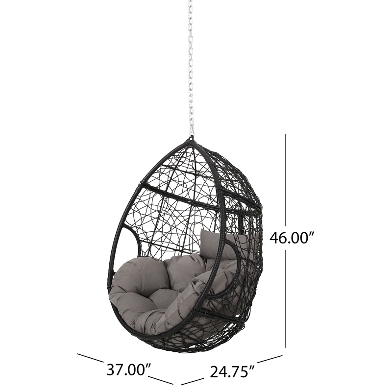 Castic Outdoor Hanging Chair- 46 Inch Rattan Frame- Black Iron- Gray