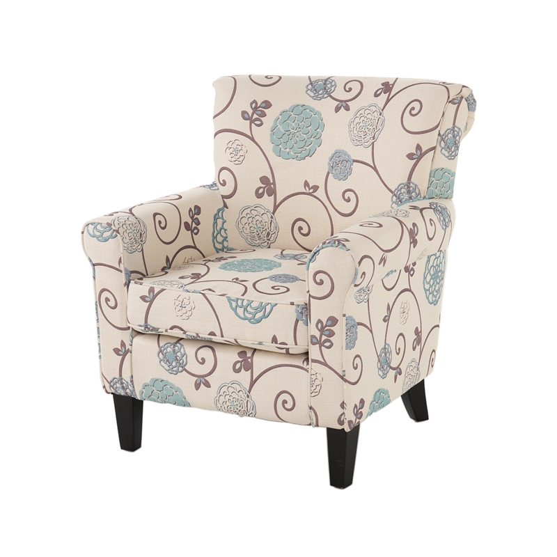 Accent Club Chair- Classic Rolled Arms- Floral White and Blue Fabric Design