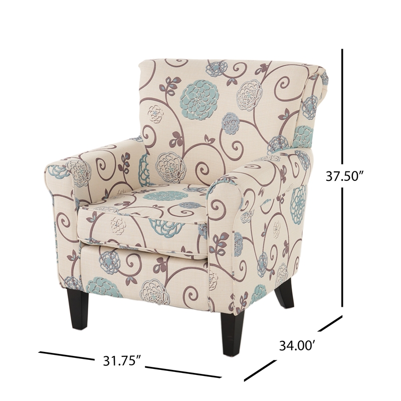 Accent Club Chair- Classic Rolled Arms- Floral White and Blue Fabric Design