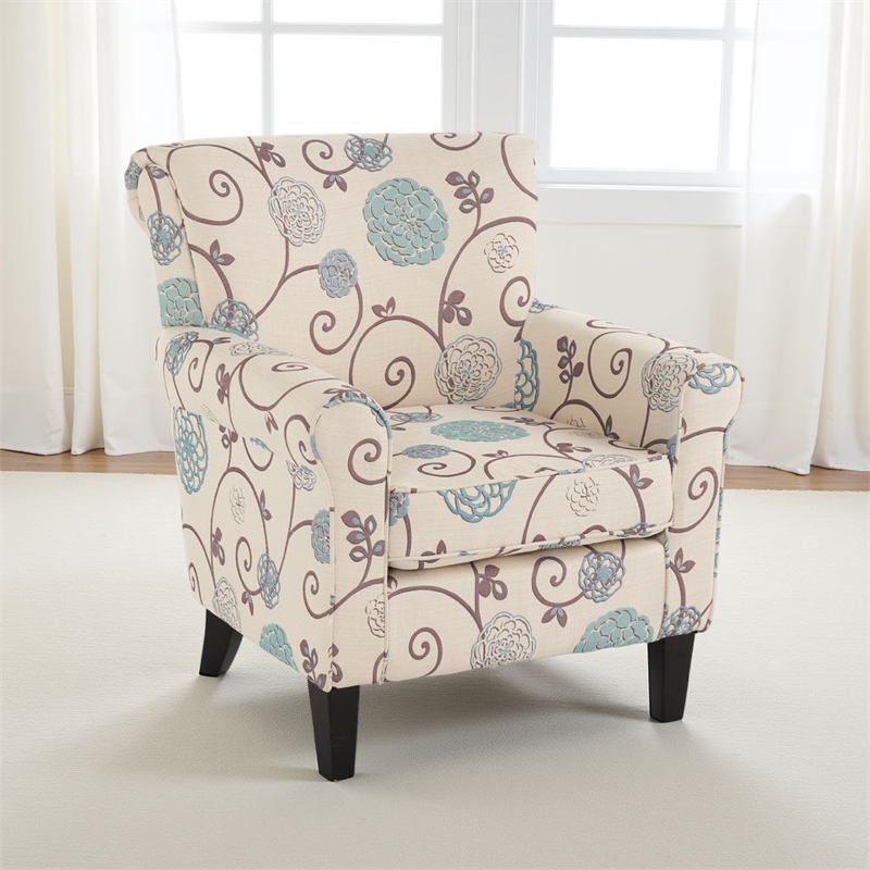 Accent Club Chair- Classic Rolled Arms- Floral White and Blue Fabric Design
