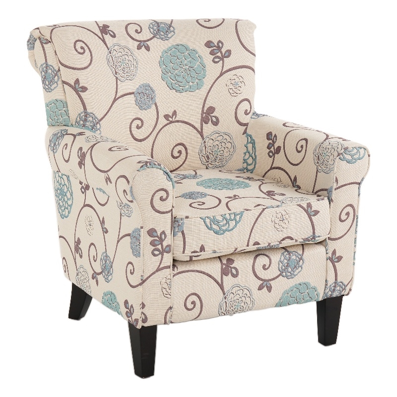 Accent Club Chair- Classic Rolled Arms- Floral White and Blue Fabric Design