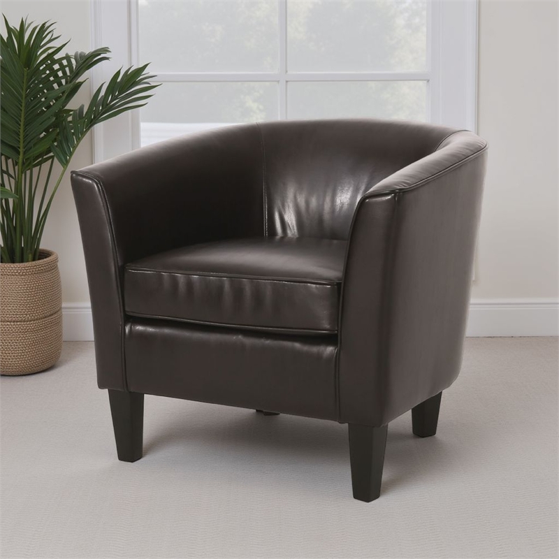 Accent Club Chair- Curved Round Back- Birch Wood- Rich Brown Faux Leather
