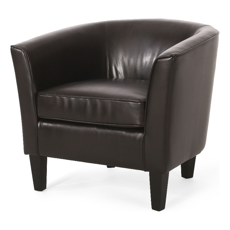 Accent Club Chair- Curved Round Back- Birch Wood- Rich Brown Faux Leather