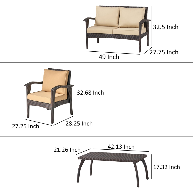 Honi 4pc Outdoor Table Set- 2 Accent Chairs 1 Loveseat- Brown Rattan- Iron