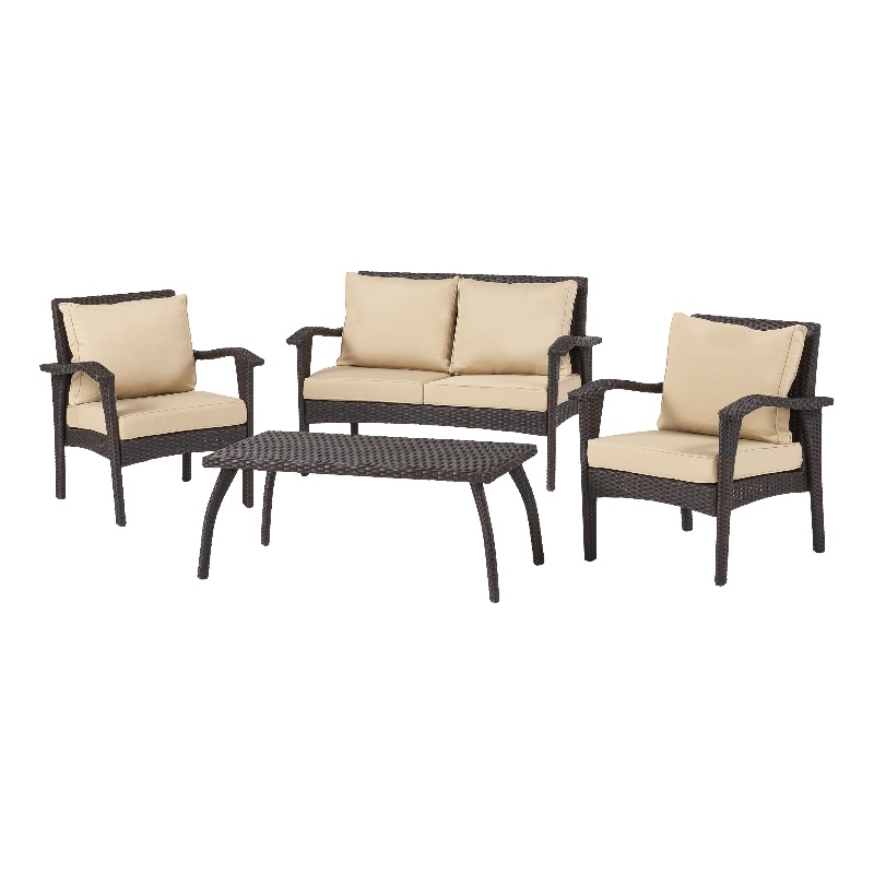 Honi 4pc Outdoor Table Set- 2 Accent Chairs 1 Loveseat- Brown Rattan- Iron