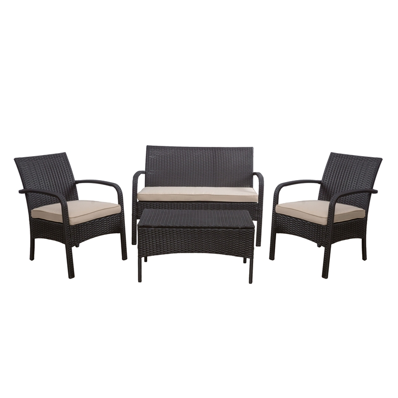 Orry 4pc Outdoor Table Set- 1 Loveseat- 2 Accent Chairs- Tan- Brown Rattan