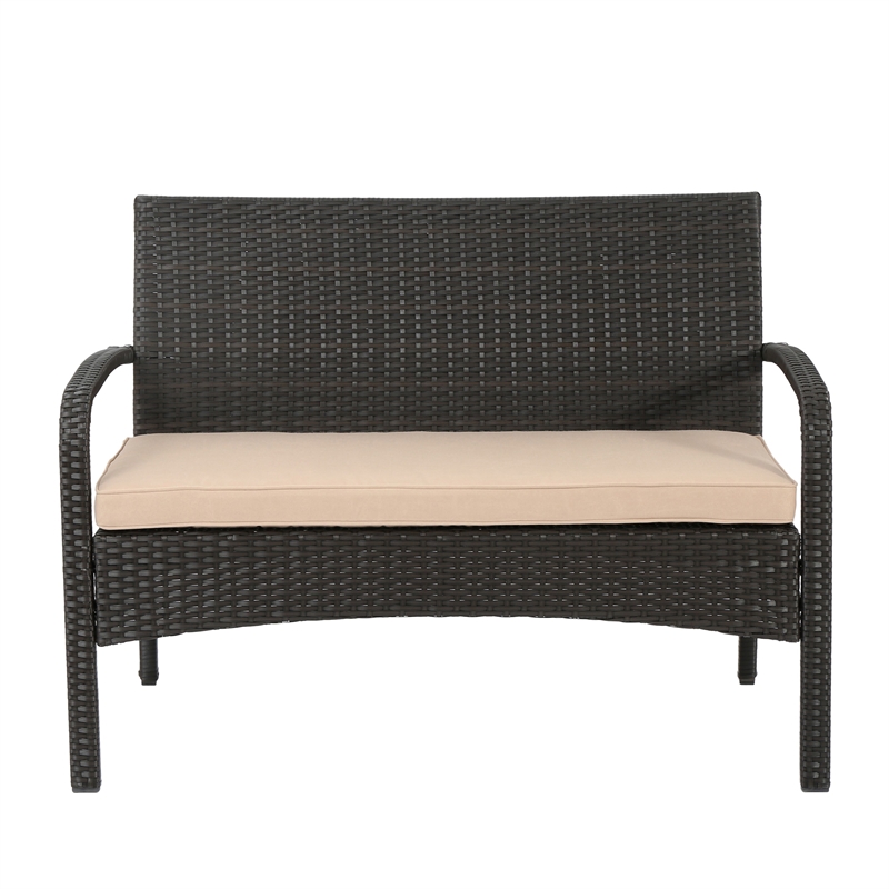 Orry 4pc Outdoor Table Set- 1 Loveseat- 2 Accent Chairs- Tan- Brown Rattan
