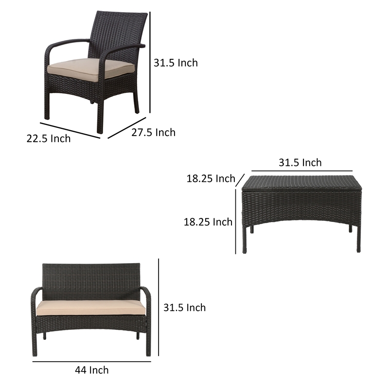 Orry 4pc Outdoor Table Set- 1 Loveseat- 2 Accent Chairs- Tan- Brown Rattan