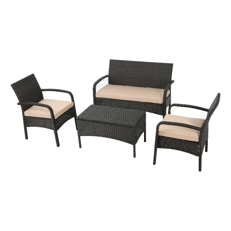 Orry 4pc Outdoor Table Set- 1 Loveseat- 2 Accent Chairs- Tan- Brown Rattan