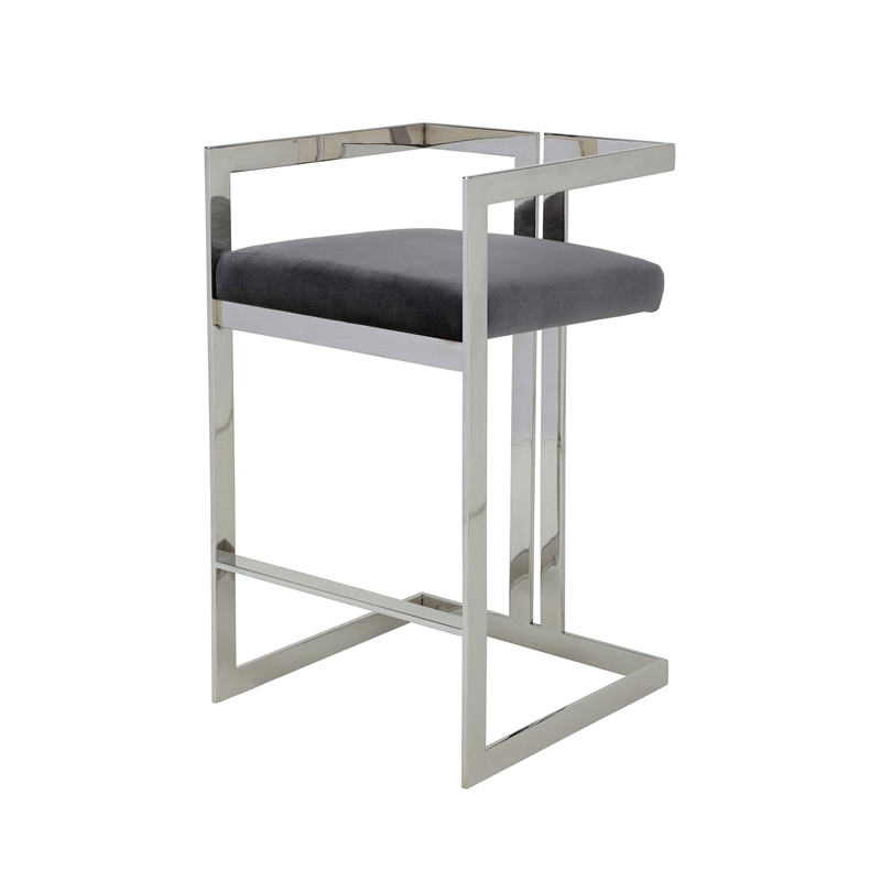 Suki 30 Inch Barstool Chair- Gray Velvet Seat- Silver Stainless Steel