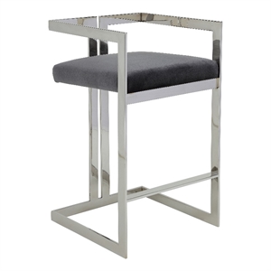 Suki 30 Inch Barstool Chair- Gray Velvet Seat- Silver Stainless Steel