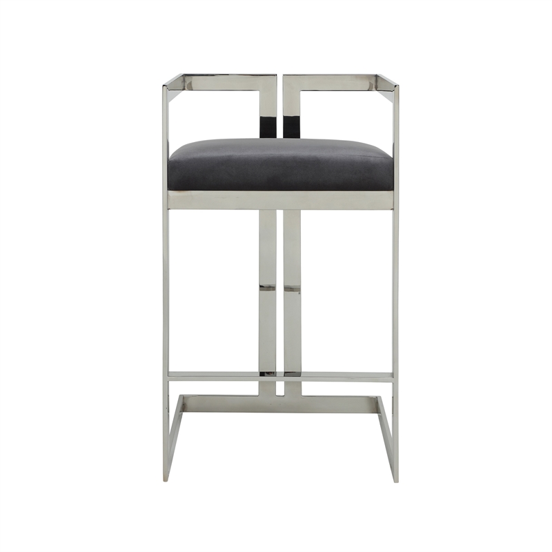 Suki 30 Inch Barstool Chair- Gray Velvet Seat- Silver Stainless Steel