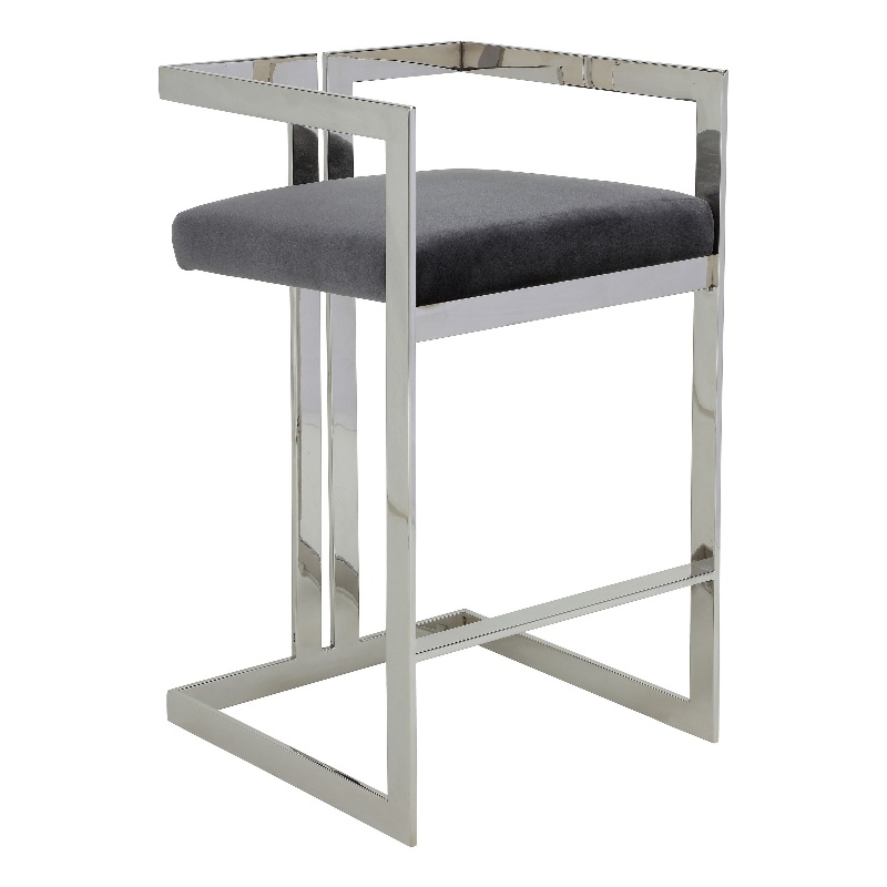 Suki 30 Inch Barstool Chair- Gray Velvet Seat- Silver Stainless Steel