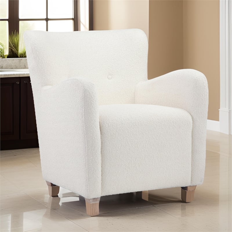 Molly 33 Inch Lounge Chair- White Boucle Fabric- Wing Back Design- Wood