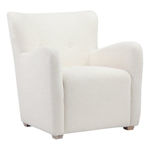 Molly 33 Inch Lounge Chair- White Boucle Fabric- Wing Back Design- Wood