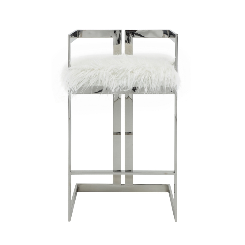 Suki 30 Inch Barstool Chair- White Faux Fur- Silver Stainless Steel Frame