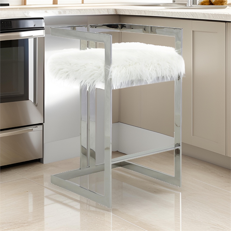 Suki 30 Inch Barstool Chair- White Faux Fur- Silver Stainless Steel Frame