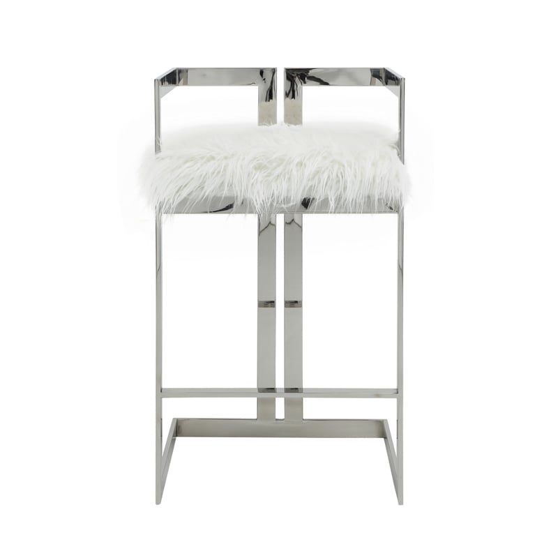Suki 30 Inch Barstool Chair- White Faux Fur- Silver Stainless Steel Frame