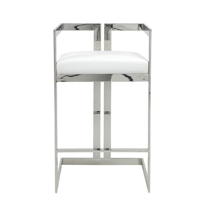 Suki 30 Inch Barstool Chair- White Faux Leather- Silver Stainless Steel