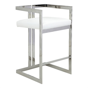 Suki 30 Inch Barstool Chair- White Faux Leather- Silver Stainless Steel
