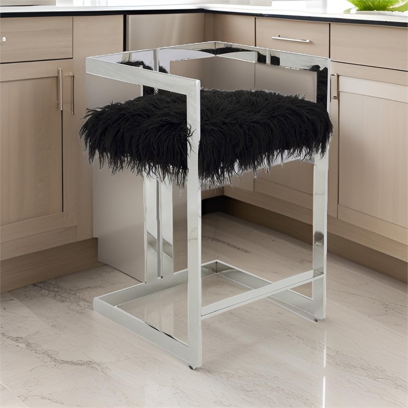 Suki 26 Inch Counter Stool Chair- Black Faux Fur- Silver Stainless Steel
