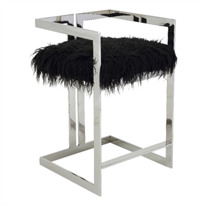Suki 26 Inch Counter Stool Chair- Black Faux Fur- Silver Stainless Steel