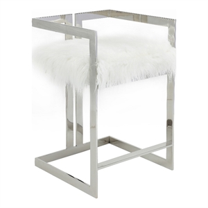 Suki 26 Inch Counter Stool Chair- White Faux Fur- Silver Stainless Steel