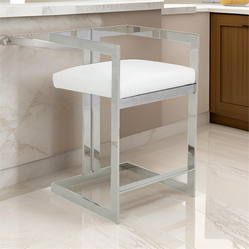 Suki 26 Inch Counter Stool Chair- White Faux Leather- Stainless Steel