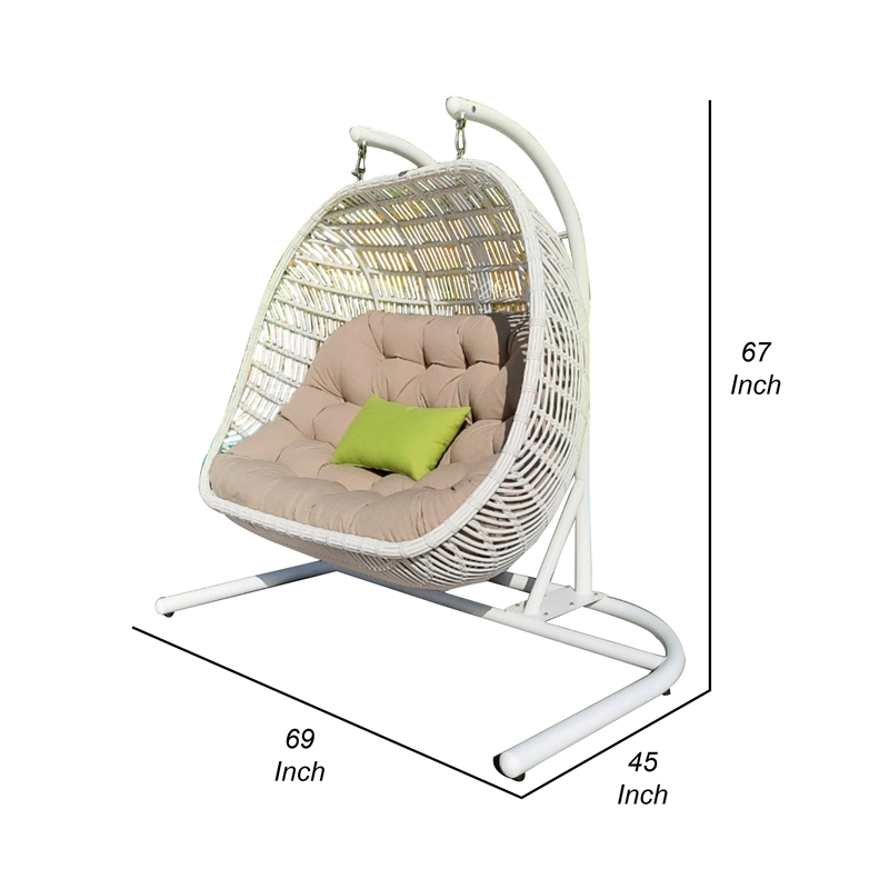 Sia 69 Inch Outdoor Swing Hanging Loveseat Chair- Rattan Basket Seat- White
