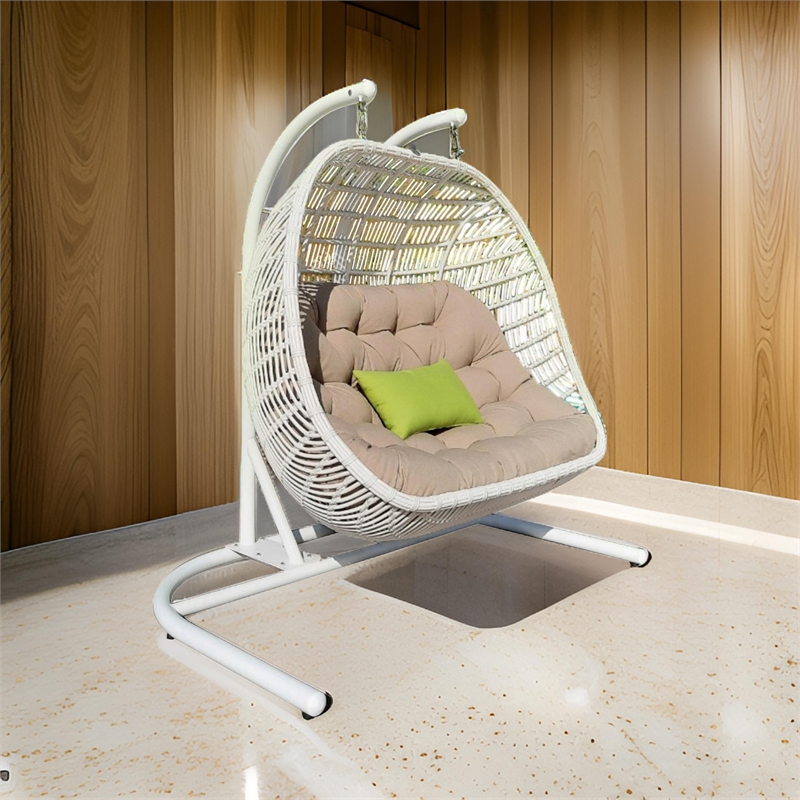 Sia 69 Inch Outdoor Swing Hanging Loveseat Chair- Rattan Basket Seat- White