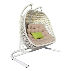 Sia 69 Inch Outdoor Swing Hanging Loveseat Chair- Rattan Basket Seat- White