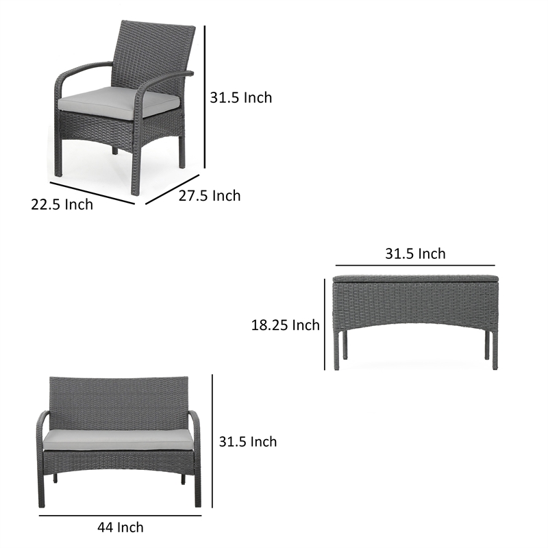 Orry 4pc Outdoor Table Set- 1 Loveseat- 2 Accent Chairs- Dark Gray Finish