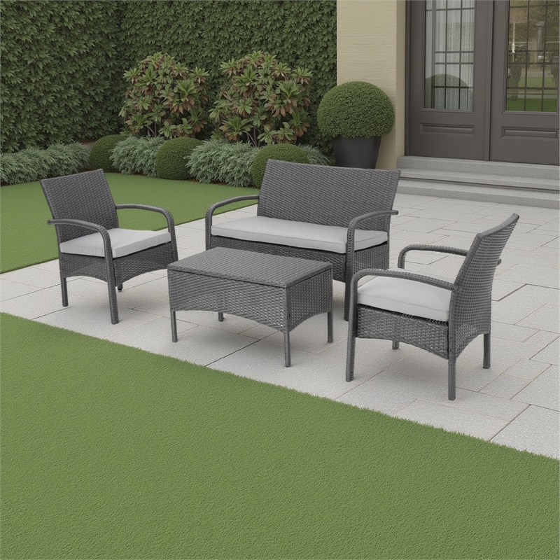 Orry 4pc Outdoor Table Set- 1 Loveseat- 2 Accent Chairs- Dark Gray Finish
