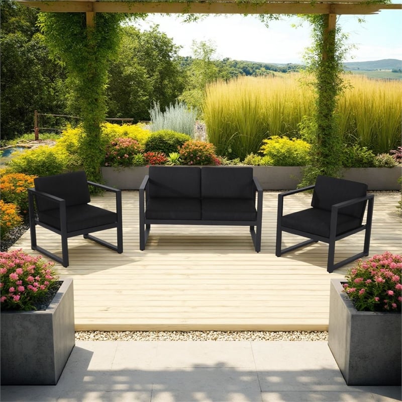 Novi 3pc Outdoor Set- 1 Loveseat- 2 Accent Chairs- Dark Gray Fabric- Metal