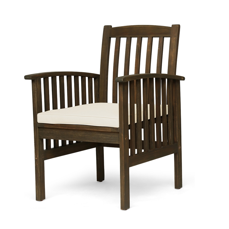 Gerry Dining Chair- Outdoor Traditional Slatted Gray Acacia Wood- Cream